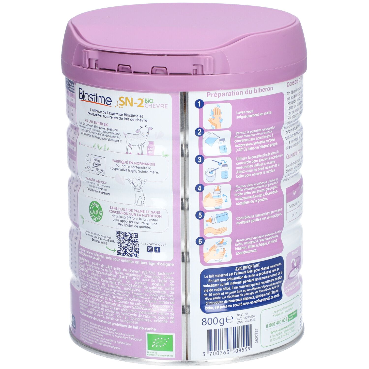 BIOSTIME® SN-2 Bio Lait de chèvre. Boîte avec instructions de préparation et informations nutritionnelles. Paquet de 800g.