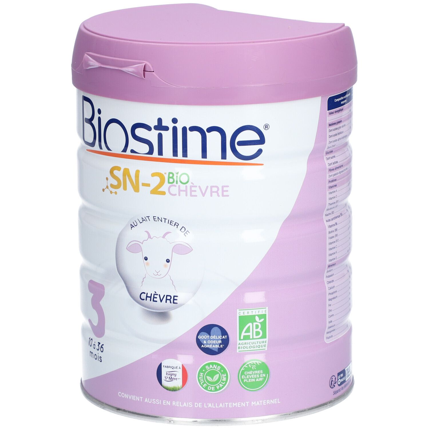 BIOSTIME® SN-2 Bio Lait de chèvre 3ème âge, 10-36 mois. Boîte avec couvercle violet. Logo, informations et certifications.