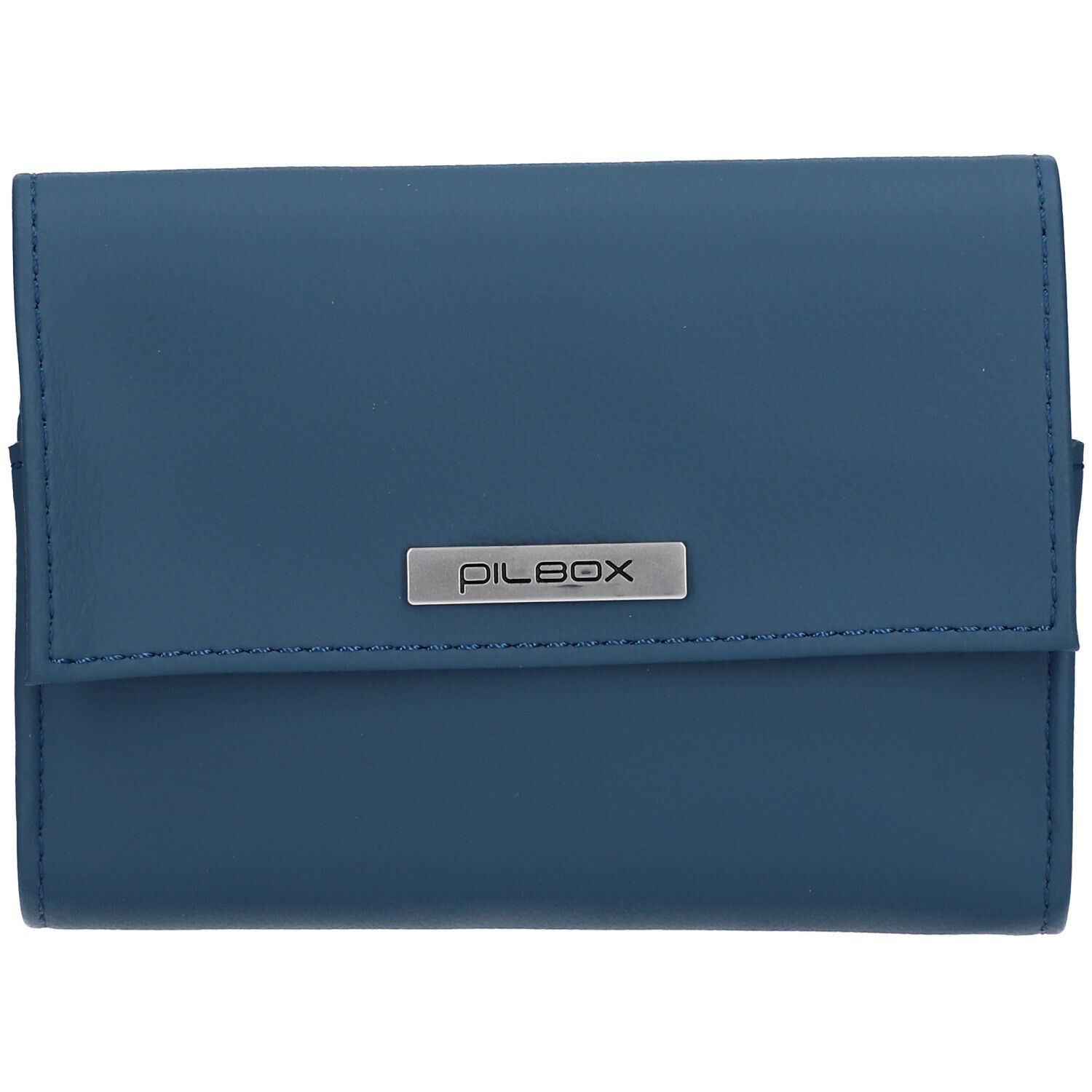 Blauwe etui met zilveren "PILBOX" logo. Rechthoekige vorm, klepsluiting.