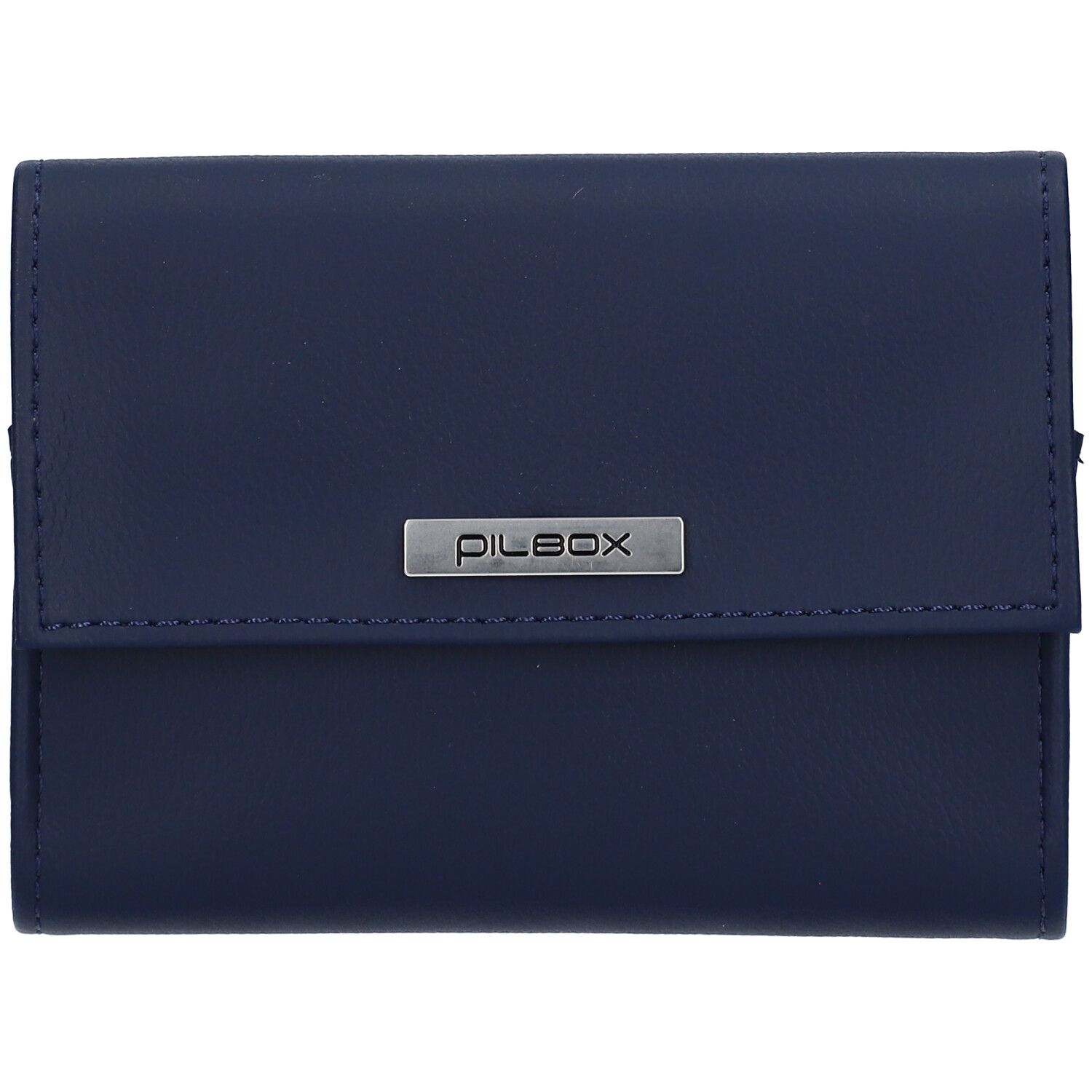 Pilulier bleu foncé avec logo "PILBOX" argenté. Forme rectangulaire avec fermeture à rabat.