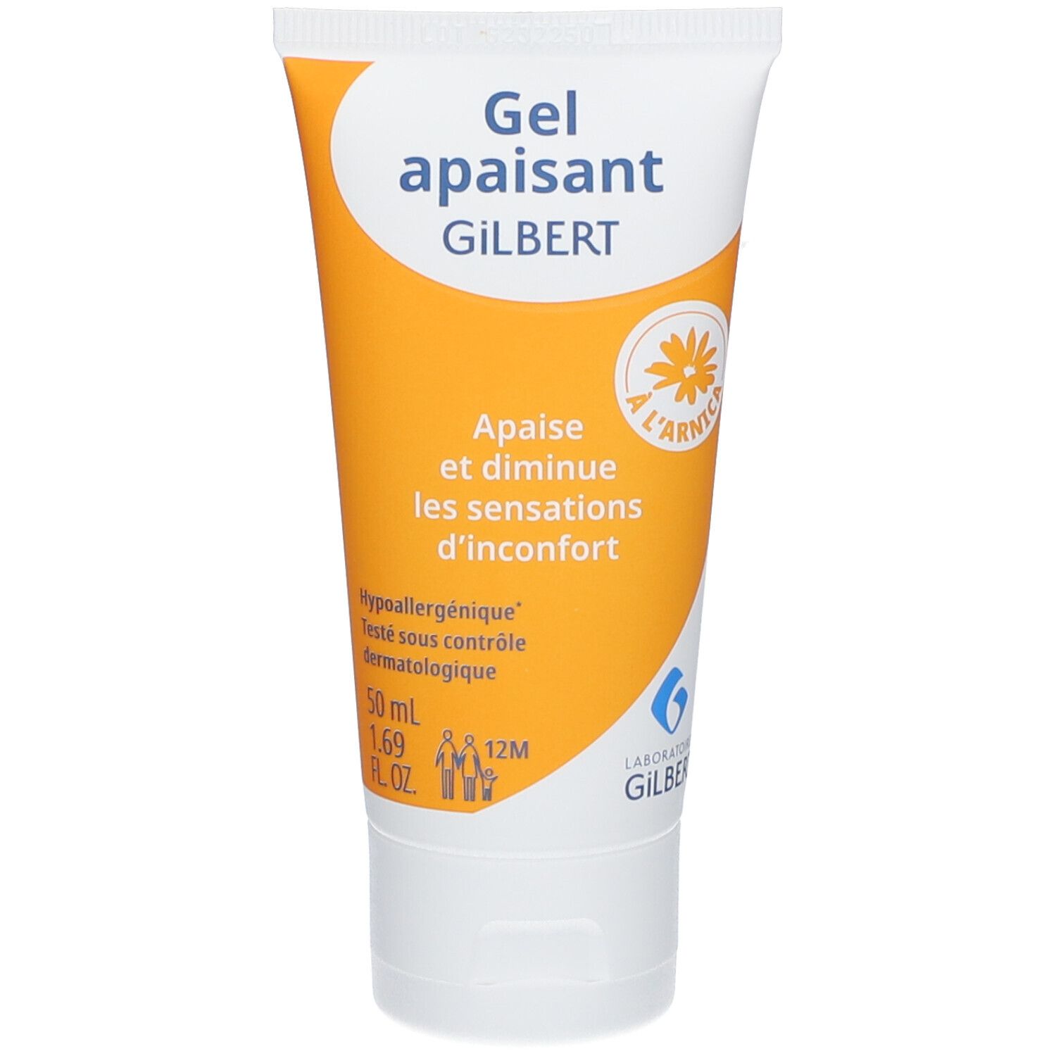 Geel-witte gel tube met 'Gel apaisant GILBERT'. Bevat 50 ml. Met Arnica. Dermatologisch getest.