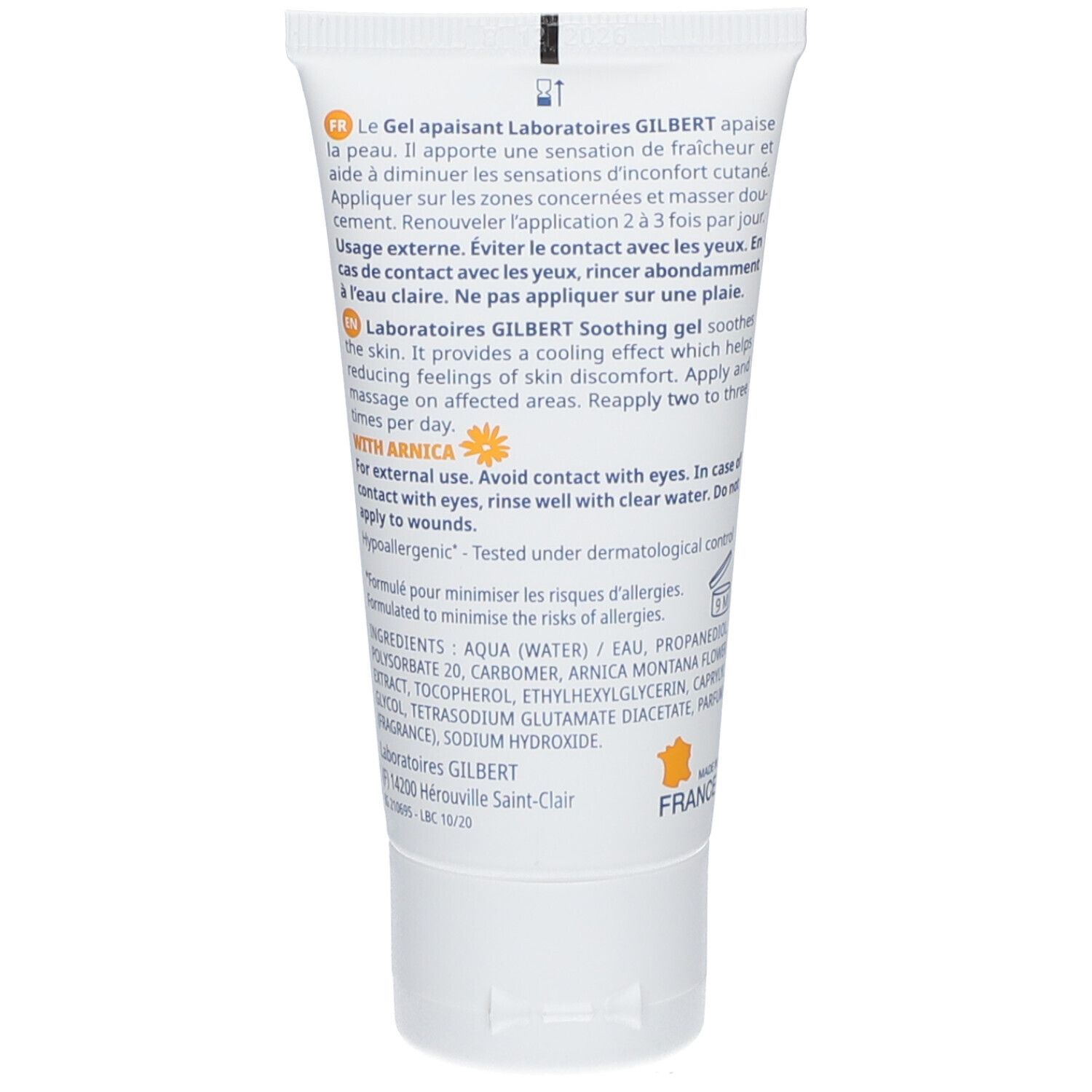 Achterkant van een gel tube. Tekst in het Frans en Engels. Bevat ingrediënten en gebruiksaanwijzing. Gemaakt in Frankrijk.