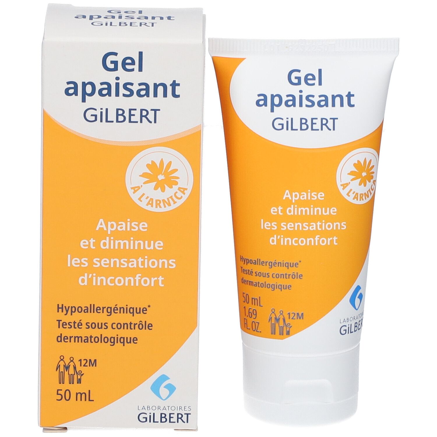 Gel tube en doos. Beide geel-wit met 'Gel apaisant GILBERT'. Doos met 50 ml. Met Arnica. Dermatologisch getest.