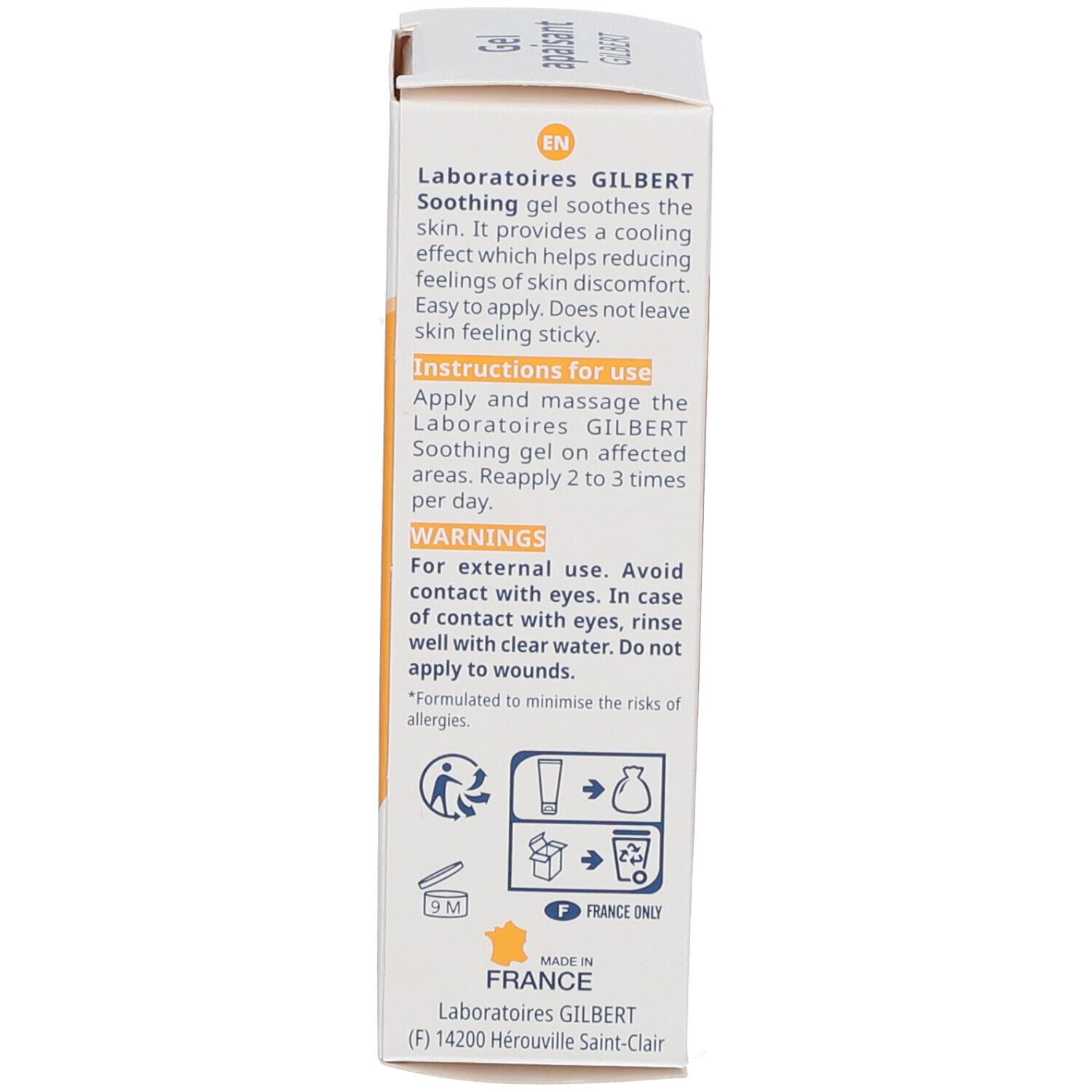 Achterkant van een doos. Tekst in het Engels en Frans. Bevat gebruiksaanwijzing en waarschuwingen. Gemaakt in Frankrijk.