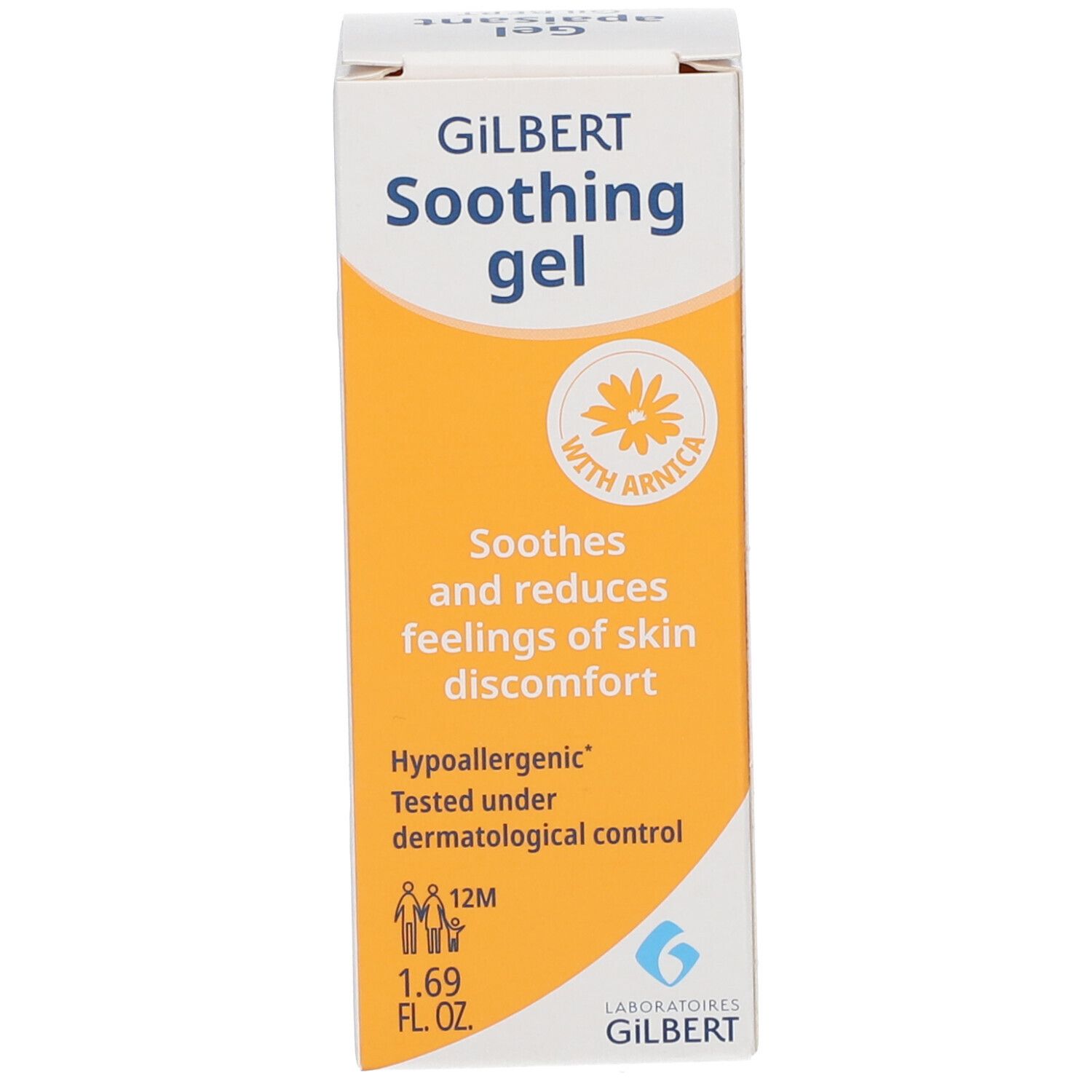 Gele en witte doos met 'Soothing gel GILBERT'. Met Arnica. Dermatologisch getest. Bevat 1.69 fl oz.