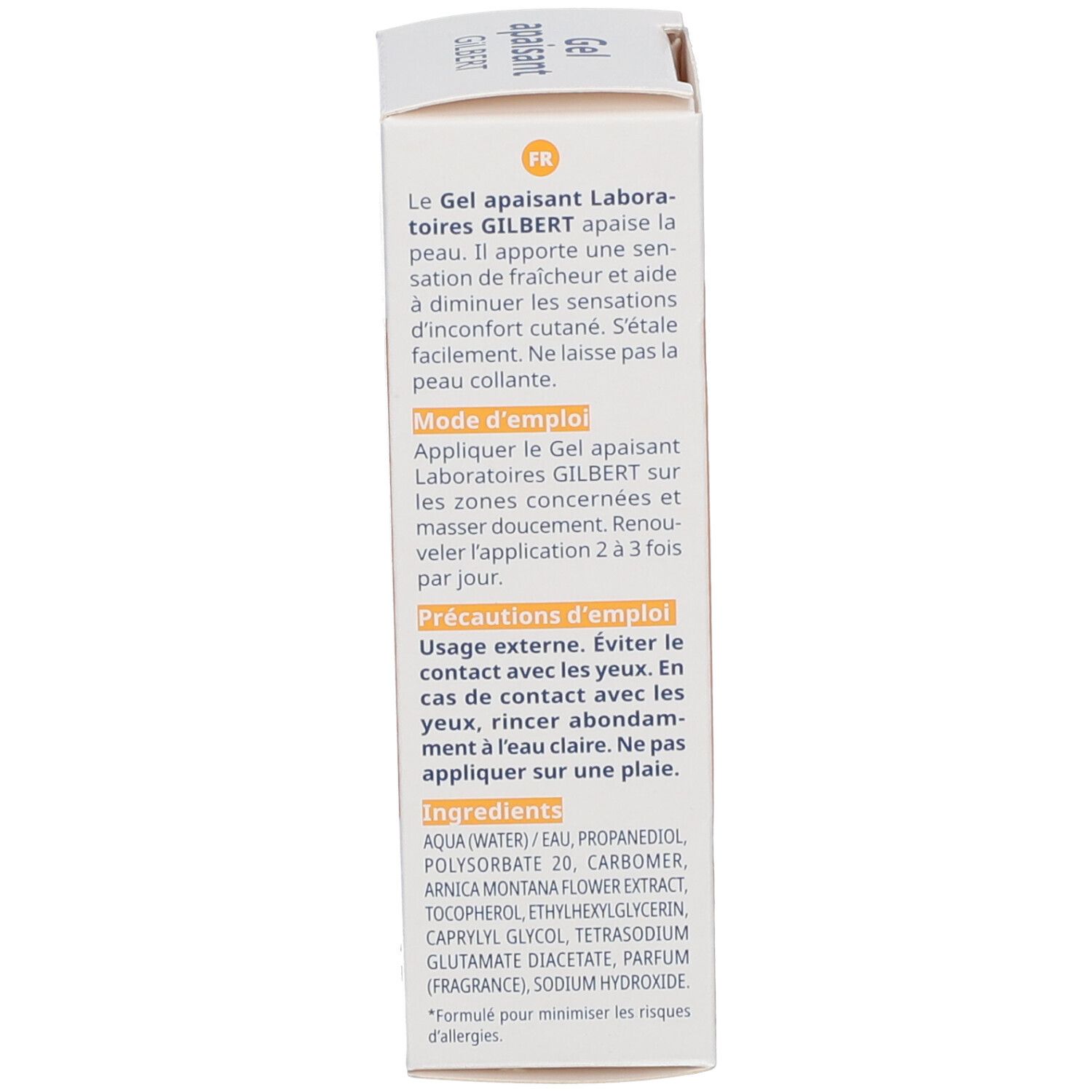 Achterkant van een doos. Tekst in het Frans. Bevat gebruiksaanwijzing, voorzorgsmaatregelen en ingrediënten. Gemaakt in Frankrijk.