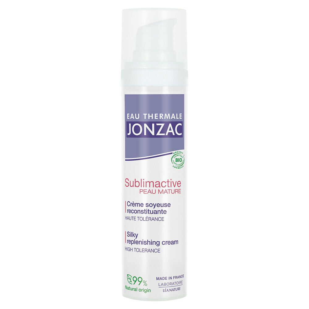 Flacon blanc avec pompe. Inscriptions: Jonzac, Sublimactive, Crème Soyeuse. Certification bio. 99% d'origine naturelle.