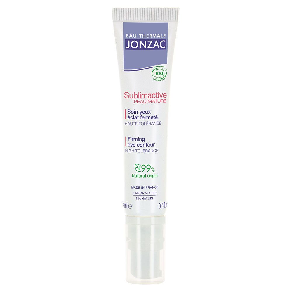 Tube blanc, bouchon transparent. Texte: Jonzac, Sublimactive, soin yeux éclat fermé, 99% naturel.