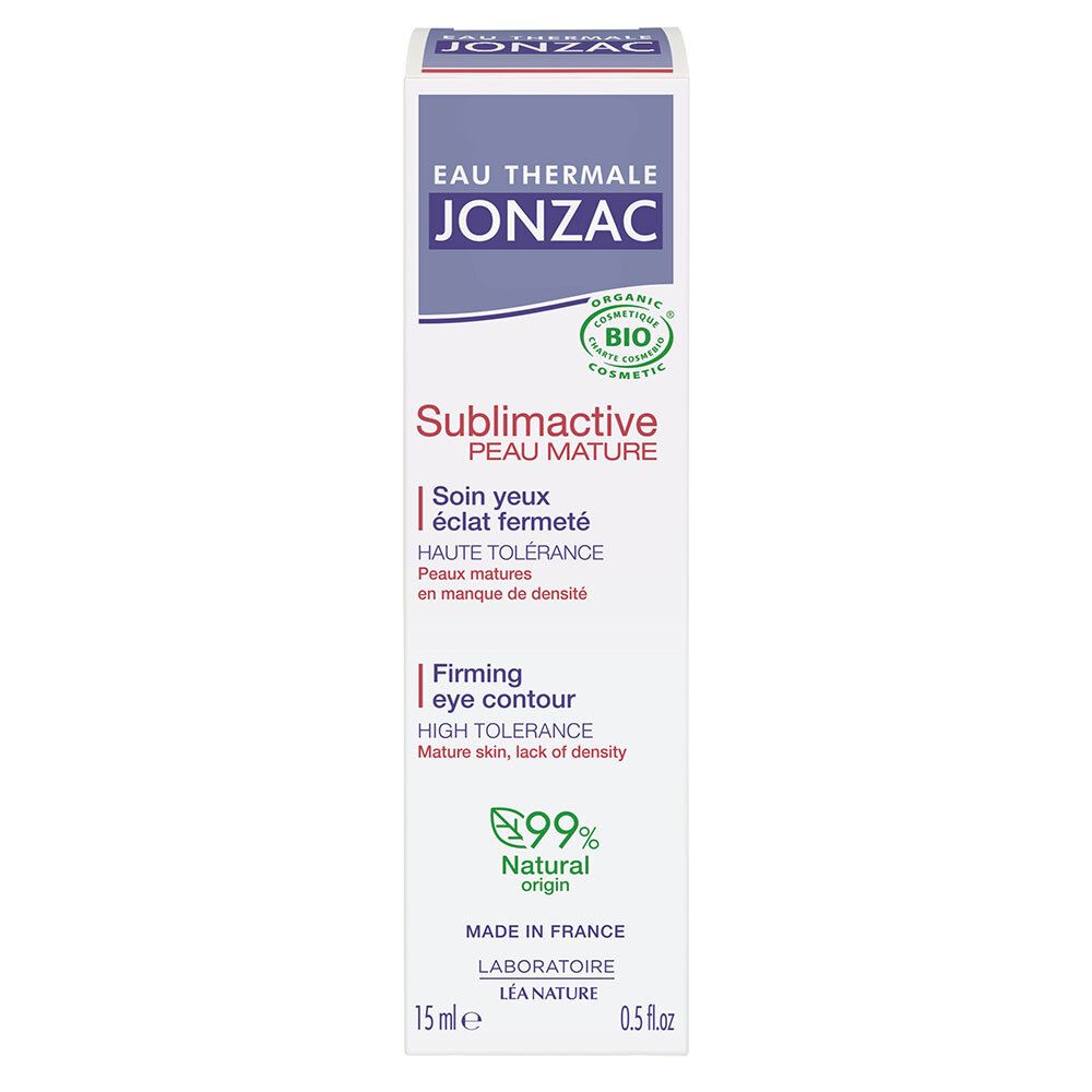 Boîte. Texte: Jonzac, Sublimactive, soin yeux, certification bio. 15ml, 99% d'origine naturelle.