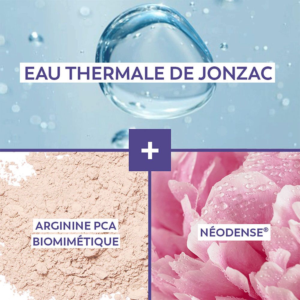 Verdeling in drie zones. Boven: waterbel. Midden: roze poeder. Onder: roze bloem. Tekst: Eau Thermale de Jonzac, Arginine PCA, Néodense.