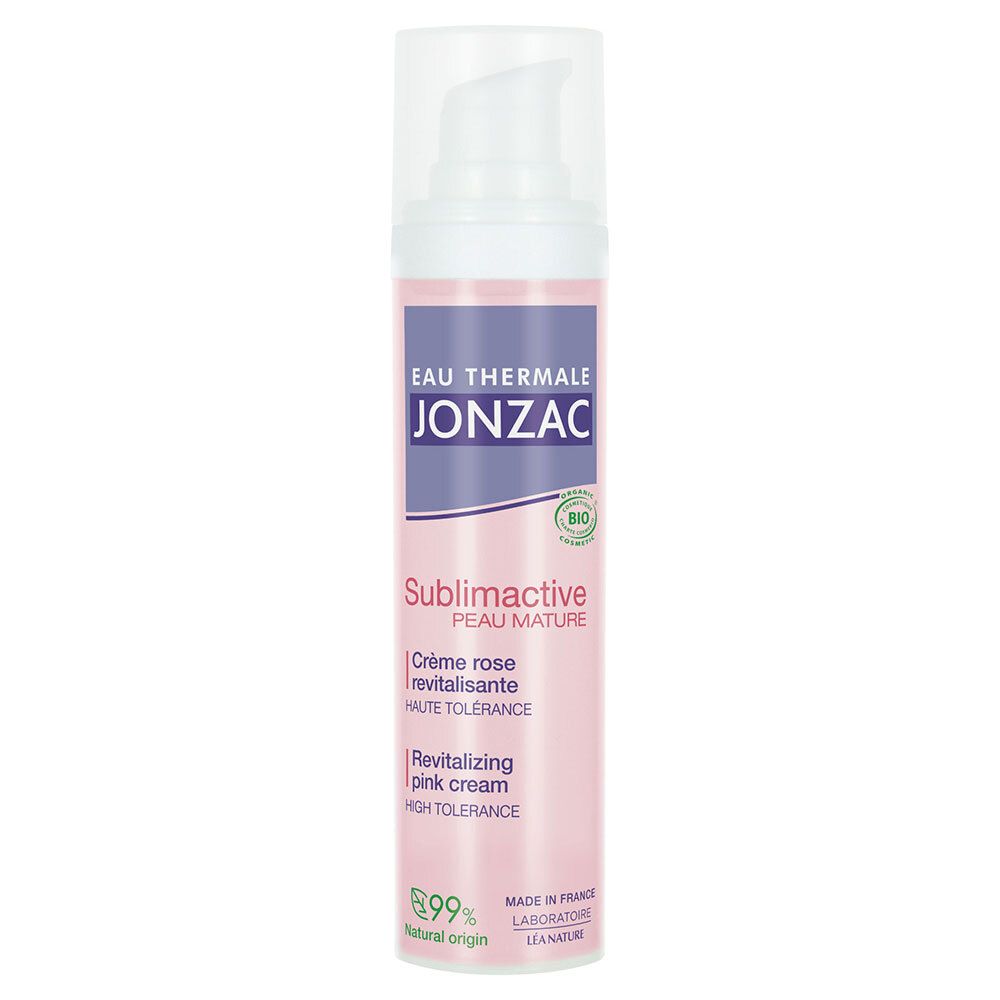 Flacon de crème rose avec pompe doseuse. Inscriptions: Jonzac, Sublimactive, Crème rose revitalisante, 99% d'origine naturelle.