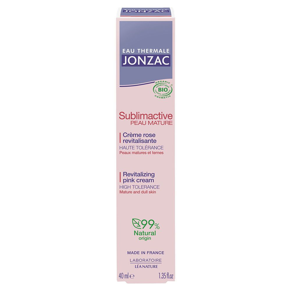 Boîte de crème rose. Inscriptions: Jonzac, Sublimactive, Crème rose revitalisante, 99% d'origine naturelle. Label bio.