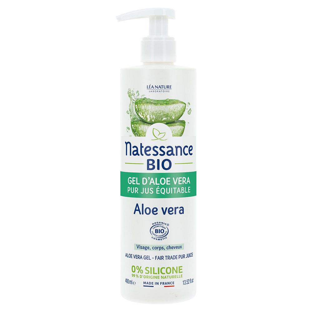 Flacon blanc avec pompe. Inscription: Natessance BIO Gel d'Aloe Vera. Certification bio. 400ml.