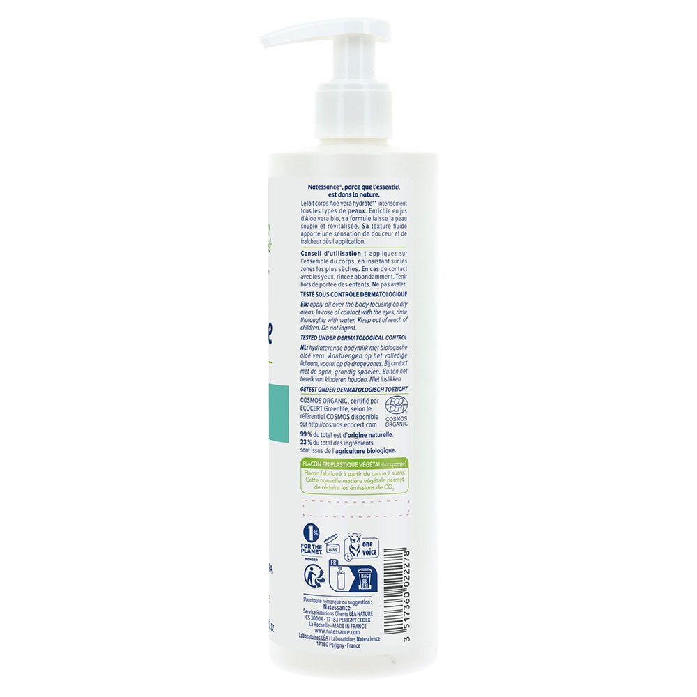 Dos du flacon blanc. Informations d'utilisation et certifications.