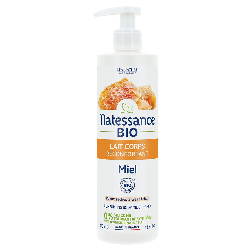 Witte fles met pomp. Natessance BIO Body Milk, Honing. Oranje band. Honingraat illustratie. Bio-certificering.