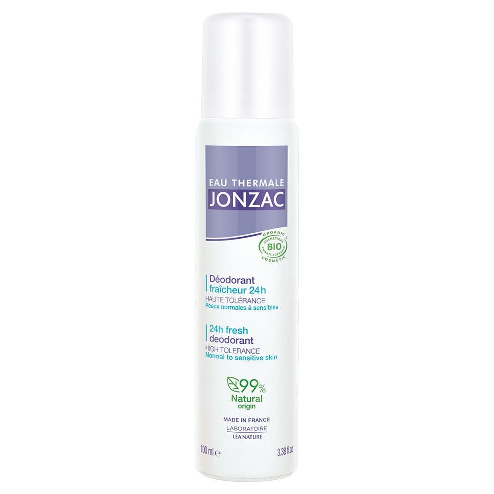 Witte deodorant spray van Eau Thermale Jonzac. Met dop, paars etiket en tekst. 99% natuurlijke ingrediënten.