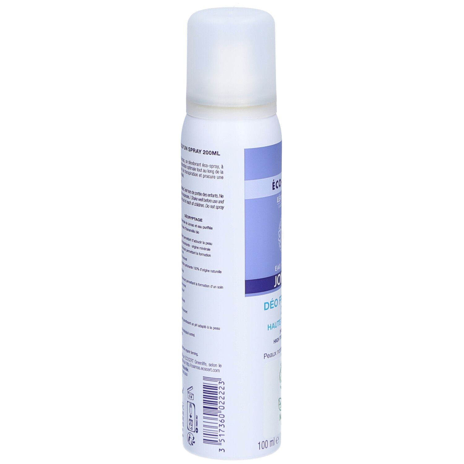 Achterkant van de deodorant spray. Bevat informatie over ingrediënten, gebruik en fabrikant. Wit ontwerp met tekst.