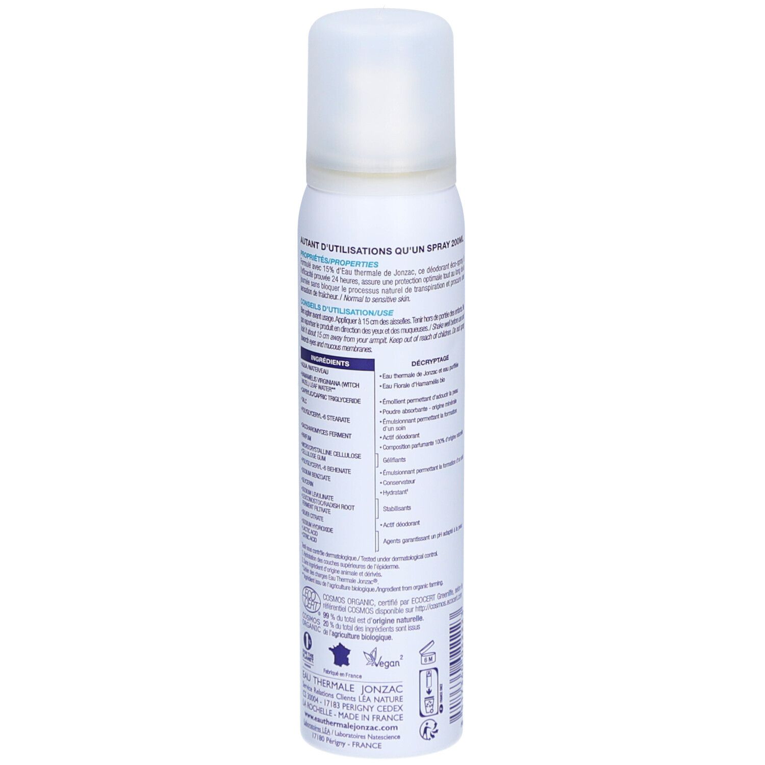 Witte deodorant spray van Eau Thermale Jonzac. Met dop, paars etiket en tekst. 99% natuurlijke ingrediënten.