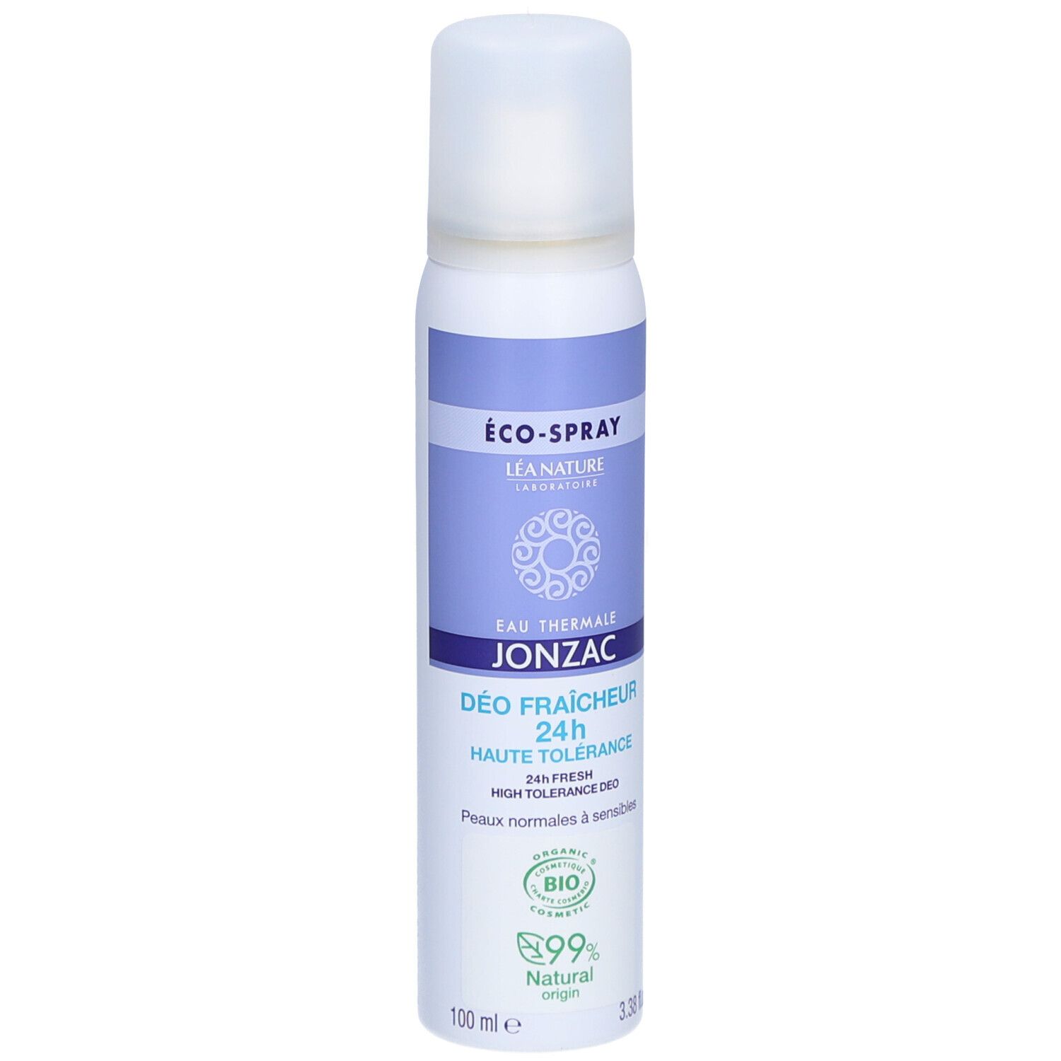 Achterkant van de deodorant spray. Bevat informatie over ingrediënten, gebruik en fabrikant. Wit ontwerp met tekst.