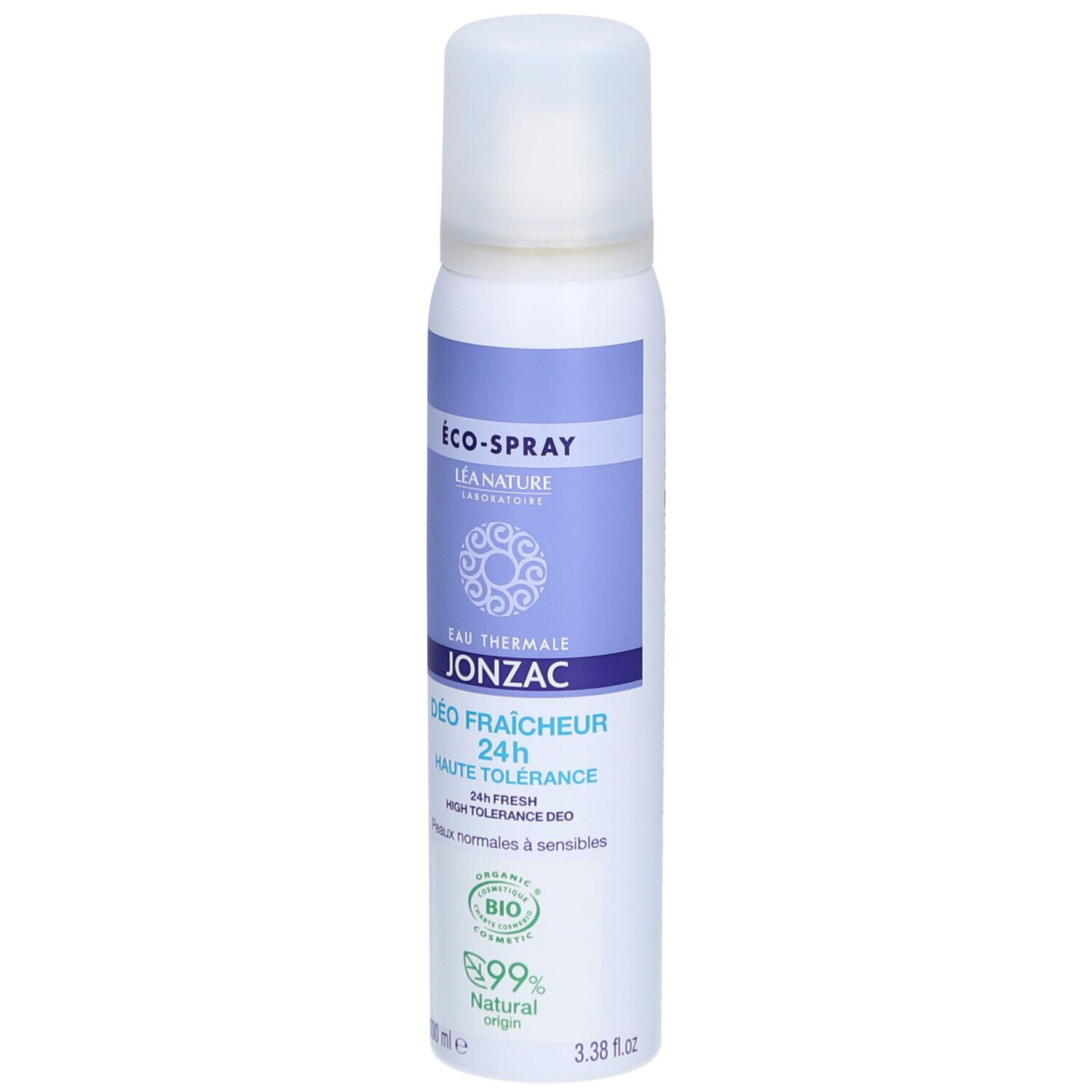 Witte deodorant spray van Eau Thermale Jonzac. Met dop, paars etiket en tekst. 99% natuurlijke ingrediënten.