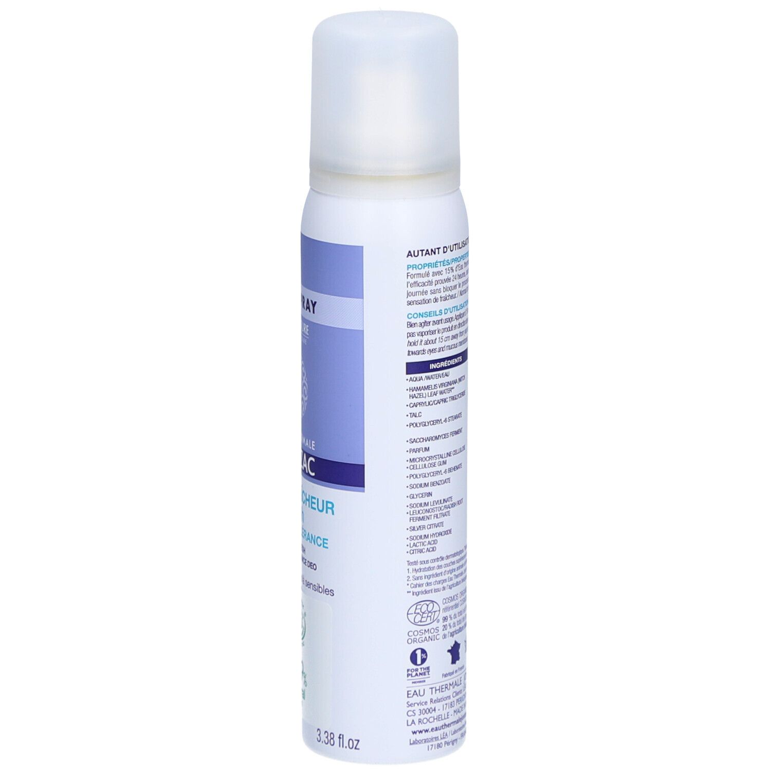 Achterkant van de deodorant spray. Bevat informatie over ingrediënten, gebruik en fabrikant. Wit ontwerp met tekst.