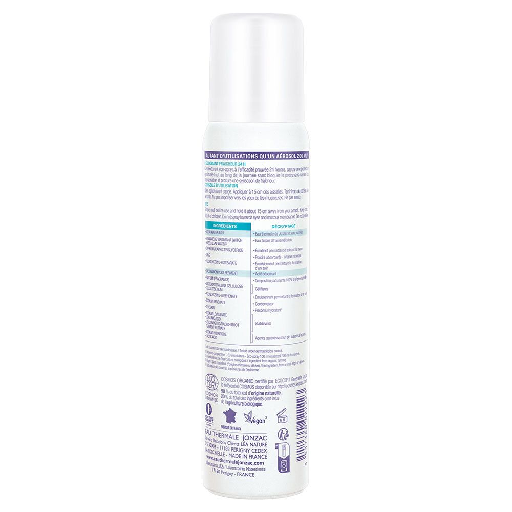 Achterkant van de deodorant spray. Bevat informatie over ingrediënten, gebruik en fabrikant. Wit ontwerp met tekst.