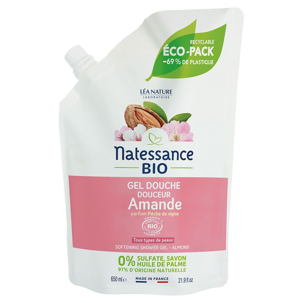Recharge de gel douche, parfum Amande et Pêche de vigne. Emballage souple avec texte et logos.