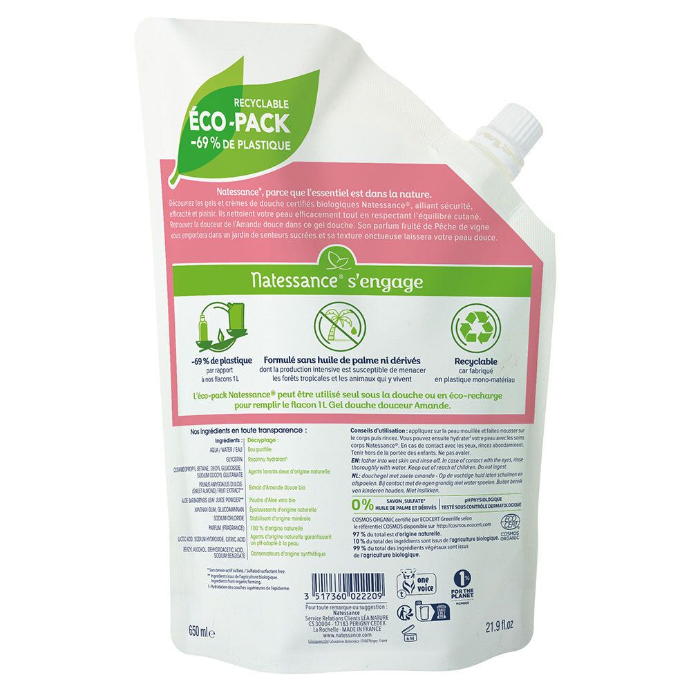 Dos de la recharge de gel douche. Contient texte, logos et informations sur le développement durable.