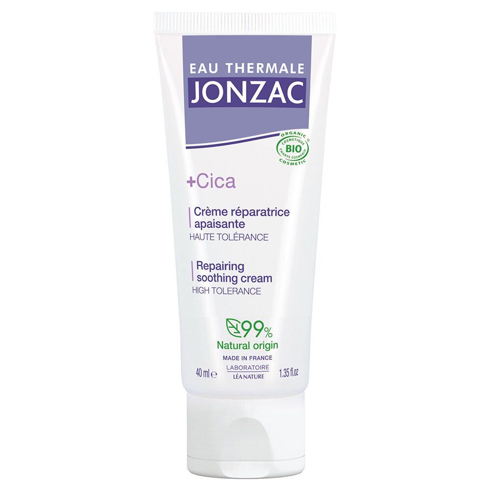 Jonzac +Cica crème tube. Wit, met paarse accenten. Bevat tekst en logo's. 40 ml. Bio-certificering. Herstellende crème.