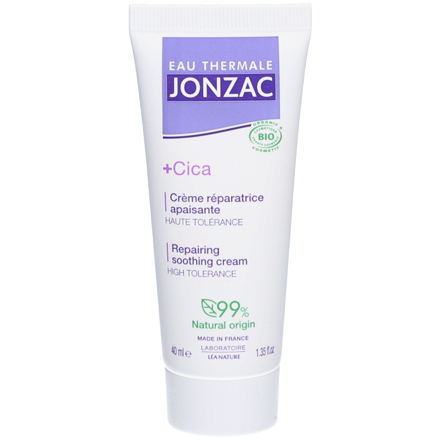 Jonzac +Cica crème tube. Wit, met paarse accenten. Bevat tekst en logo's. 40 ml. Bio-certificering. Herstellende crème.