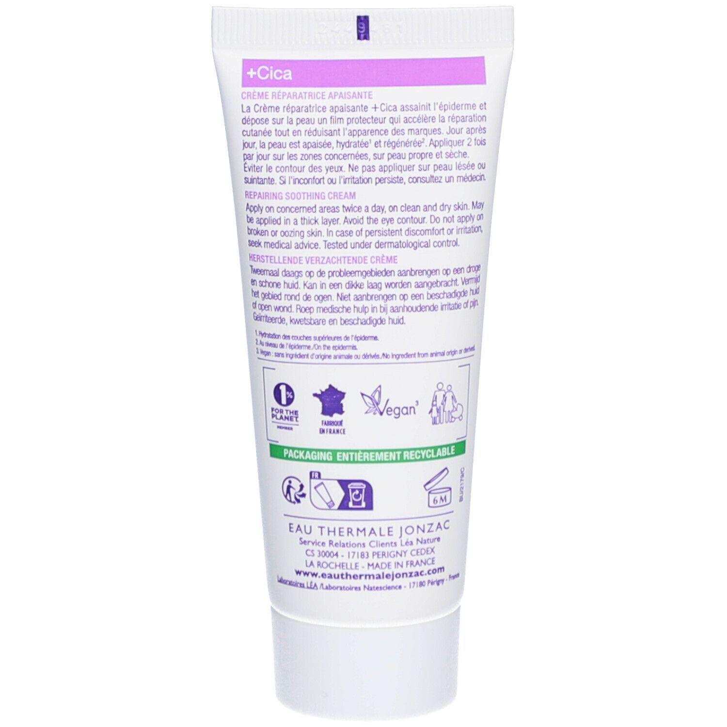 Achterkant van de Jonzac +Cica crème tube. Meertalige tekst. Logo's en certificeringen. Vegan logo. 40 ml.