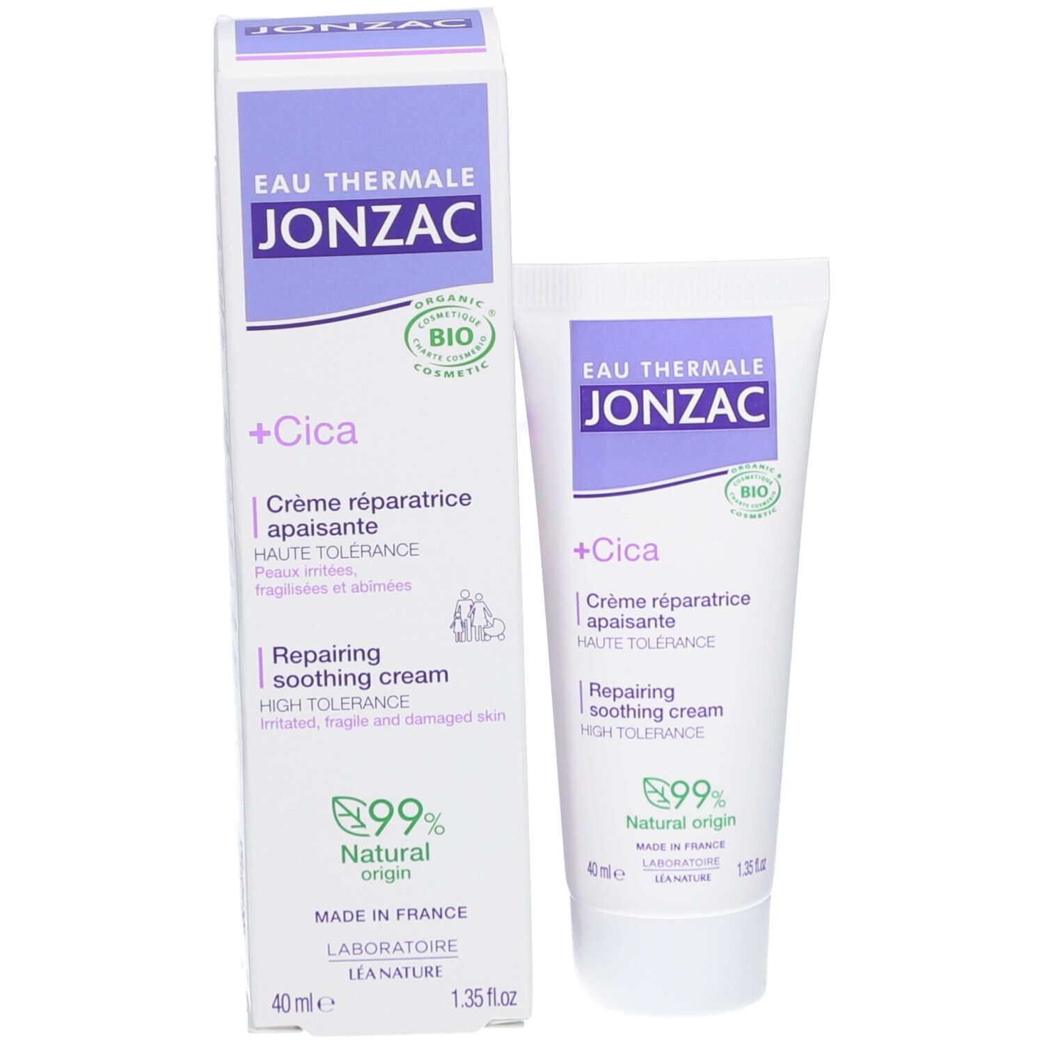 Jonzac +Cica crème tube en kartonnen verpakking. Wit, paarse accenten. Tekst en logo's. Bio-certificering. 40 ml.
