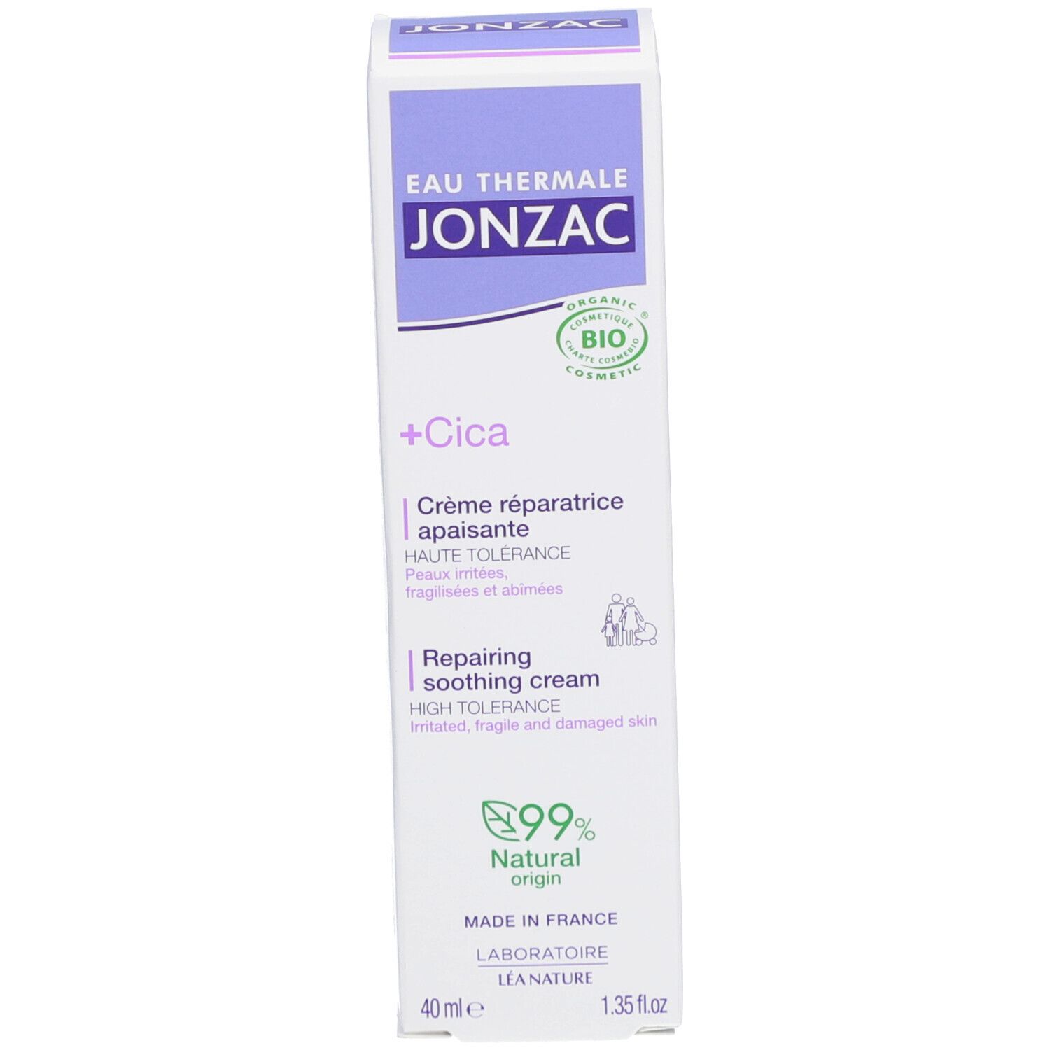 Kartonnen verpakking voor Jonzac +Cica crème. Wit met paarse accenten. Tekst en logo's. Bio-certificering. 40 ml. Herstellende crème.