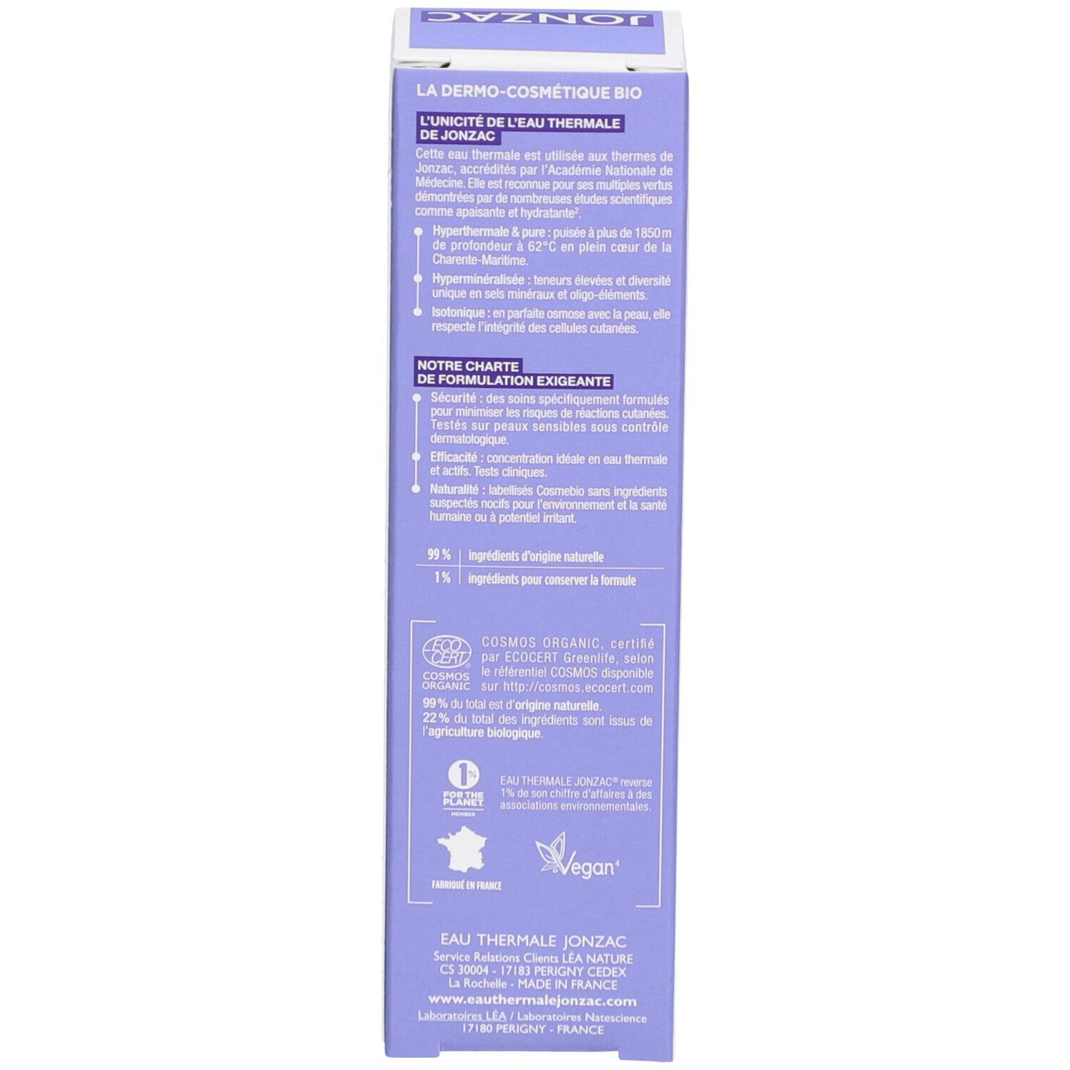 Informatie over bio dermocosmetica op de Jonzac +Cica crème verpakking. Meertalige tekst. Logo's.