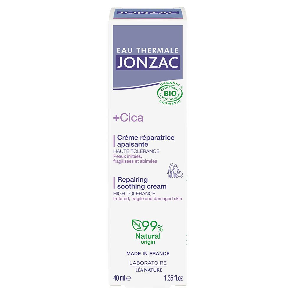 Kartonnen verpakking voor Jonzac +Cica crème. Wit met paarse accenten. Tekst en logo's. Bio-certificering. 40 ml. Herstellende crème.