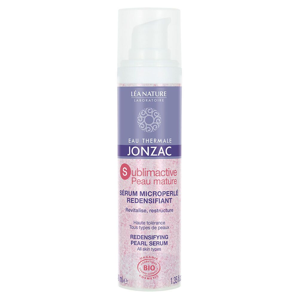 Jonzac Sérum Redensifiant Perlé. Fles met doseerpomp. Paars-witte etiketten. Tekst: Eau Thermale Jonzac, Sublimactive Peau mature.