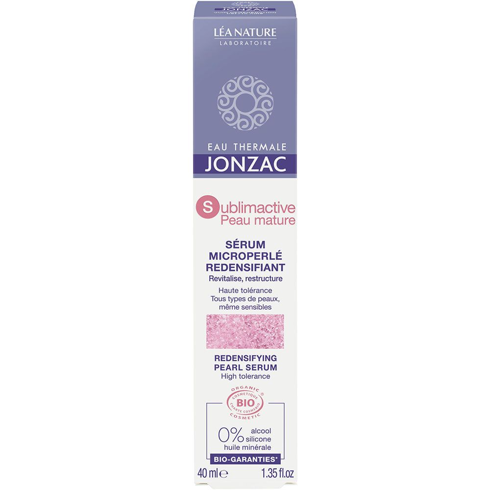 Jonzac Sérum Redensifiant Perlé. Verpakking. Paars-witte doos. Tekst: Eau Thermale Jonzac, Sublimactive Peau mature, Sérum.