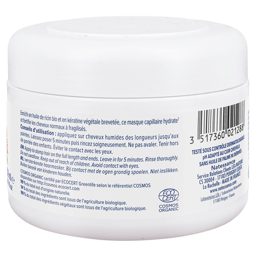Achterkant van de witte pot. Tekst: gebruiksaanwijzing, ingrediënten, contactgegevens. Met COSMOS ORGANIC-label.