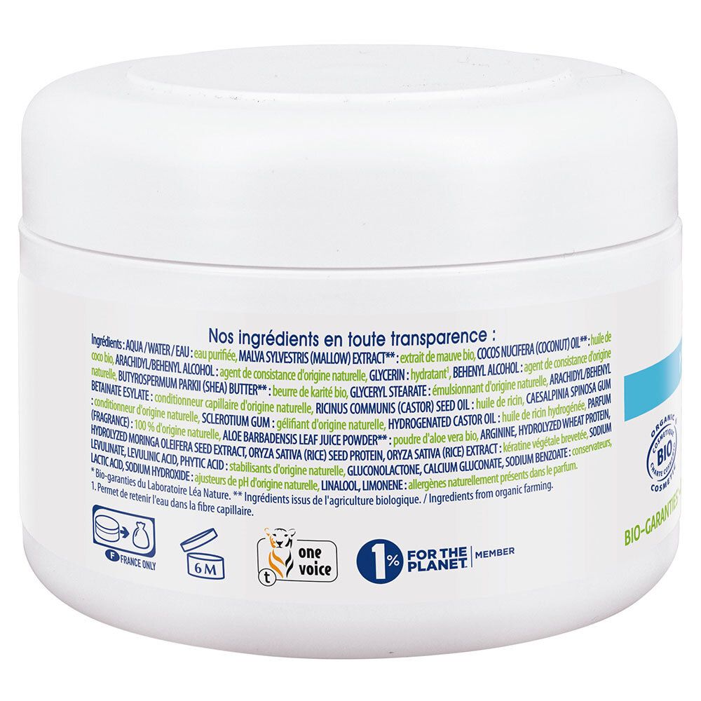 Dos du pot blanc. Texte avec ingrédients et certifications. Logo de garantie bio. Logo 1% pour la planète.