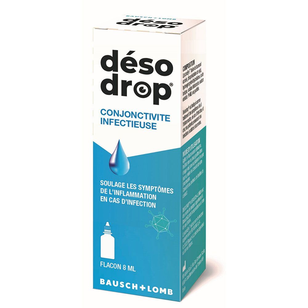 Boîte de Désodrop, Conjonctivite Infectieuse. Carton blanc et bleu. Contient un flacon de 8 ml.