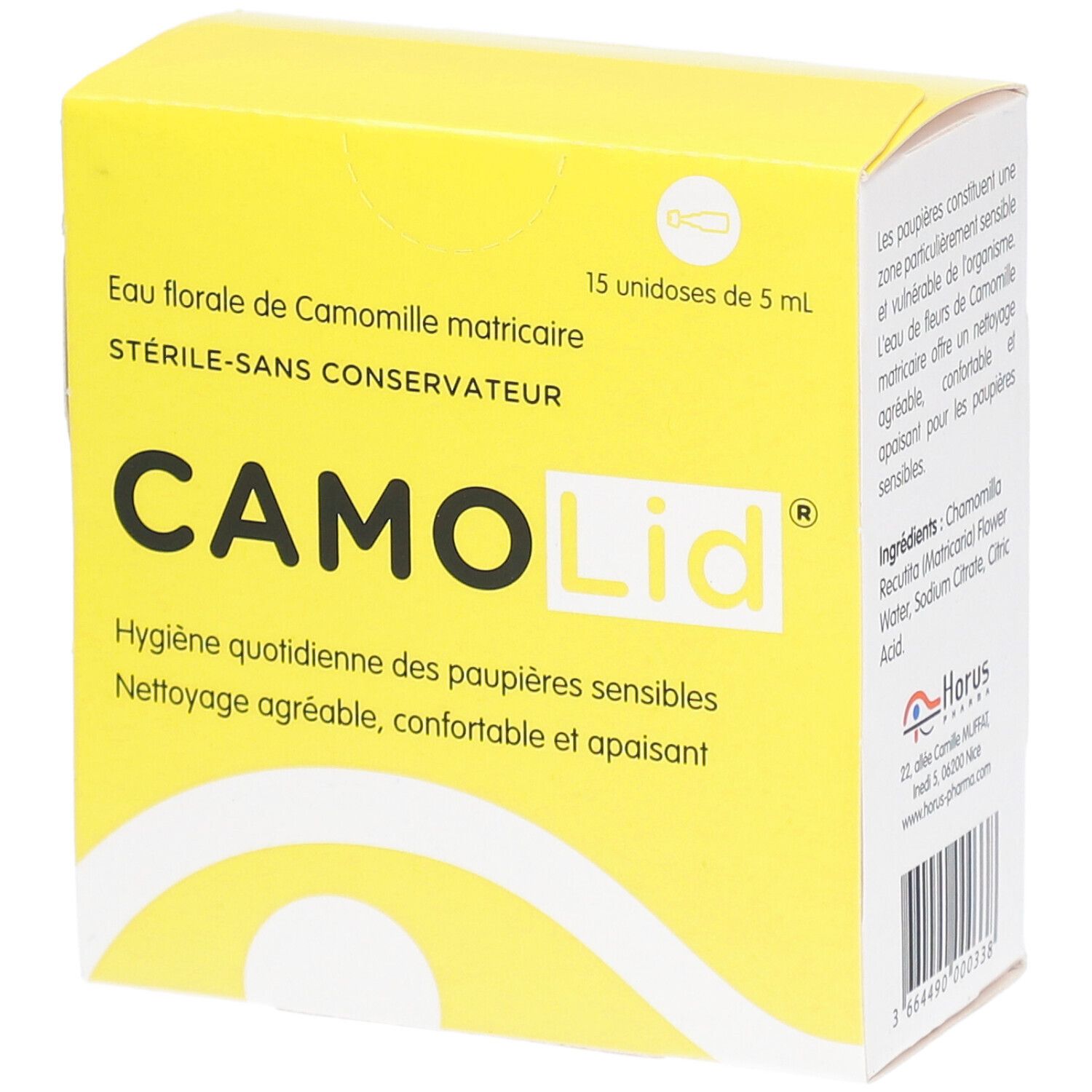 Gele doos CAMO Lid. Tekst: Eau florale de Camomille matricaire, 15 unidoses de 5 ml. Perspectief.