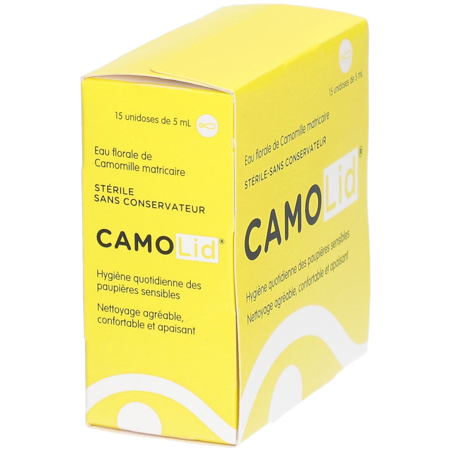 Gele doos CAMO Lid. Tekst: Eau florale de Camomille matricaire, 15 unidoses de 5 ml. Perspectief.