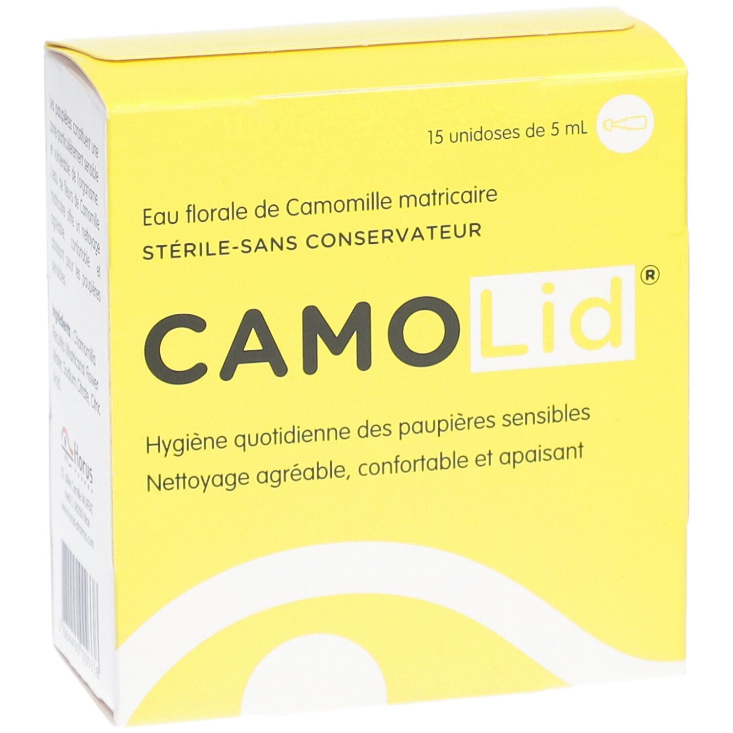 Gele doos CAMO Lid. Tekst: Eau florale de Camomille matricaire, 15 unidoses de 5 ml. Perspectief.
