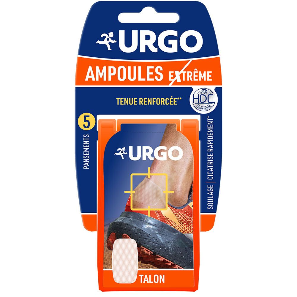 Emballage URGO Ampoules Extrême. 5 pansements. Logo, nom du produit, technologie HDC visibles.