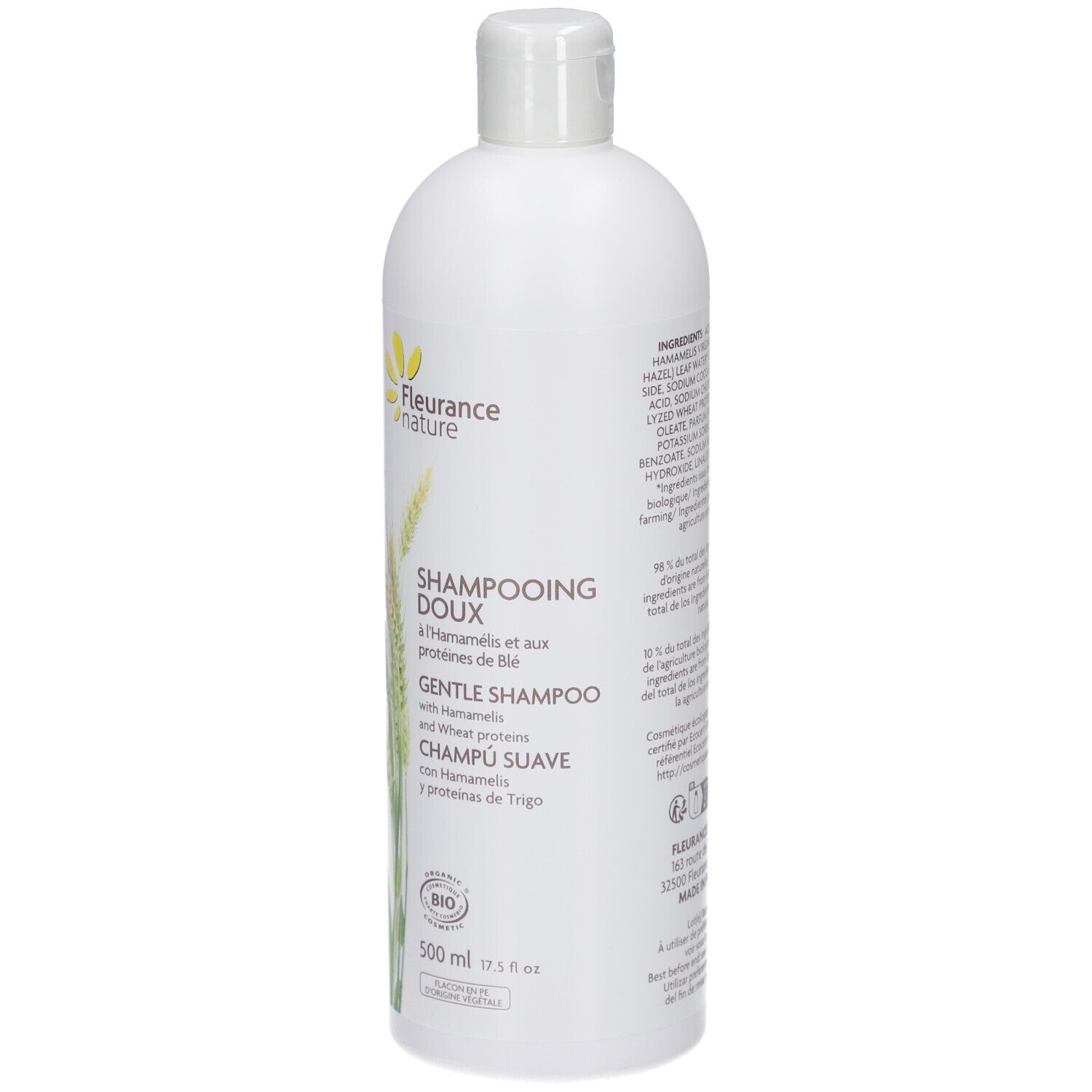 Witte shampoo fles. Tekst: DOUX, HAMAMELIS, tarweproteïnen. Bio-certificering. 500 ml. Ingrediënten.