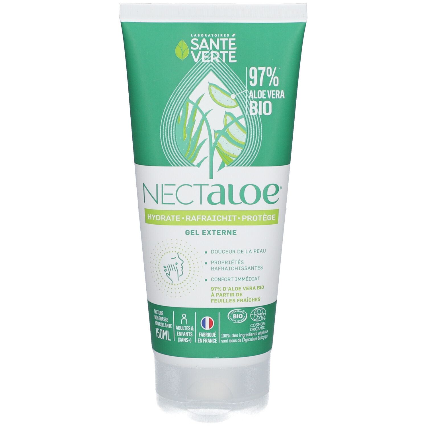 Tube vert SANTE VERTE NECTALOE® Gel. 97% Aloe Vera Bio. Texte: Hydrate, rafraîchit, protège. 150ml. Drapeau français, label bio.