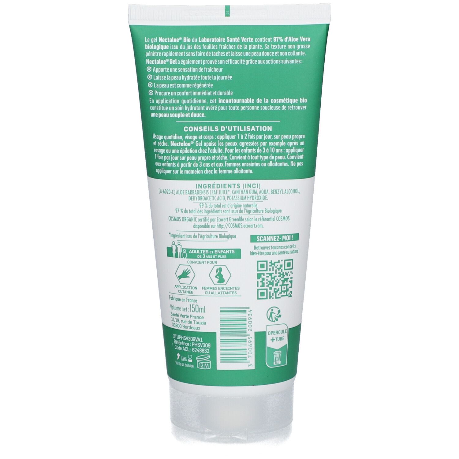 Dos du tube vert SANTE VERTE NECTALOE® Gel. Texte, ingrédients, conseils d'utilisation. 50ml. Label bio, code QR.