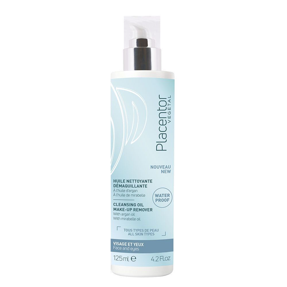 Flacon de produit cosmétique avec pompe. Inscription: Placentor vegetal, Huile nettoyante démaquillante, Visage et yeux.