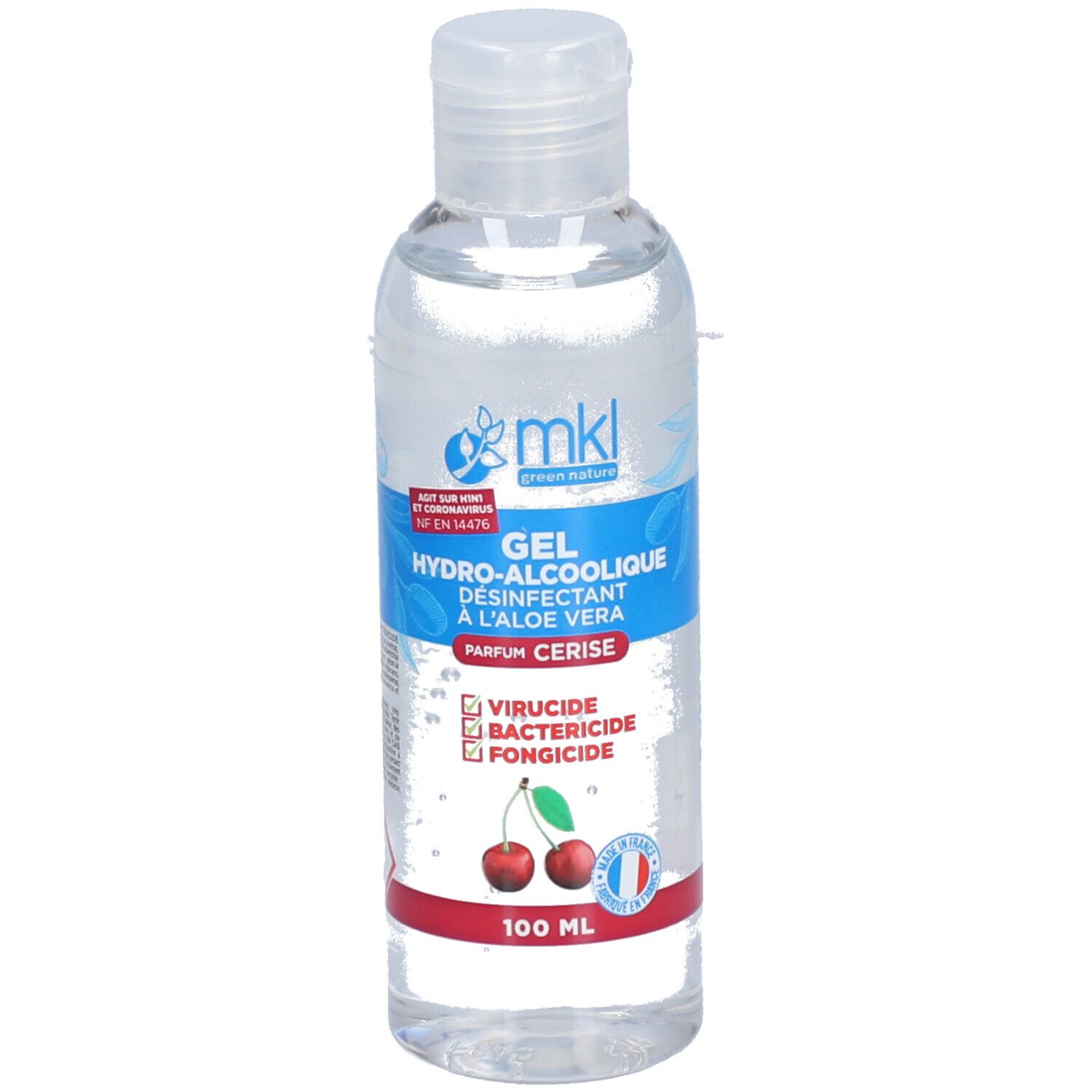 Flacon transparent avec étiquette bleue et blanche. Contient Gel Hydro-Alcoolique Cerise. Image de cerises et logo français.