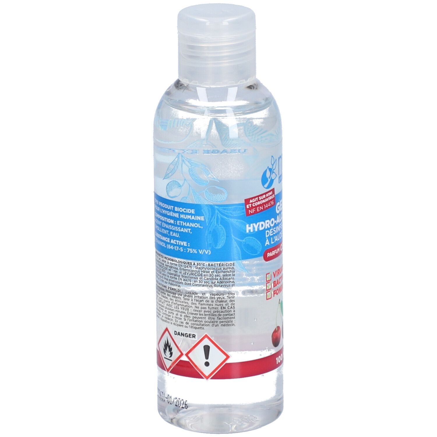 Dos du flacon avec informations. Contient des avertissements et des ingrédients. Symbole de danger rouge.